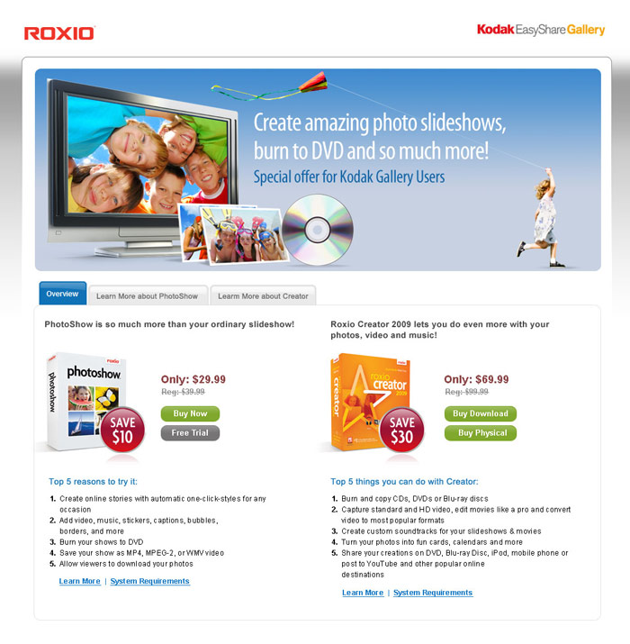 Roxio.com Kodak Landing Page